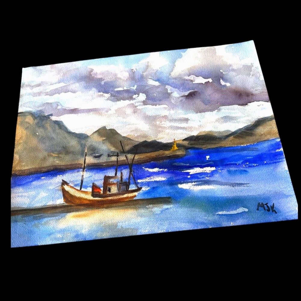 Original Water Color Painting Of Boat Water And Landscape
